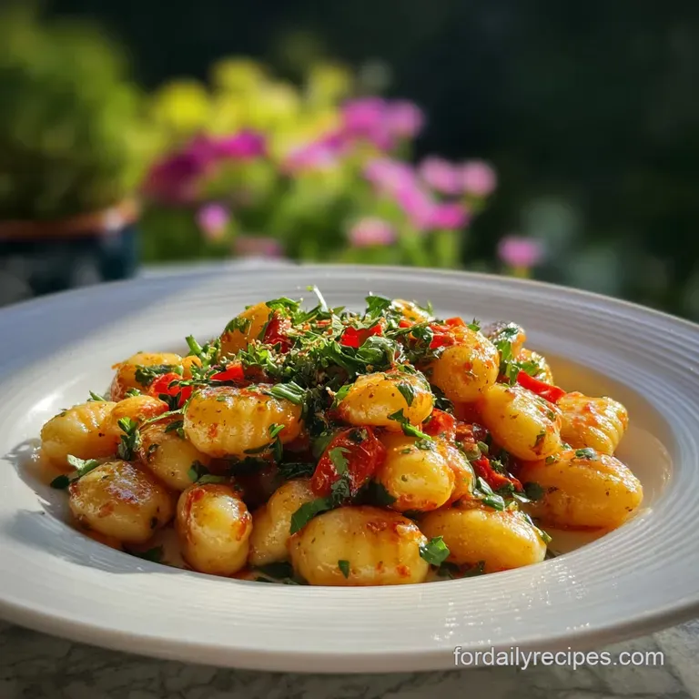 Perfectly plated gnocchi with a dusting of grated cheese and vibrant green herbs, showcasing a creamy and inviting texture.