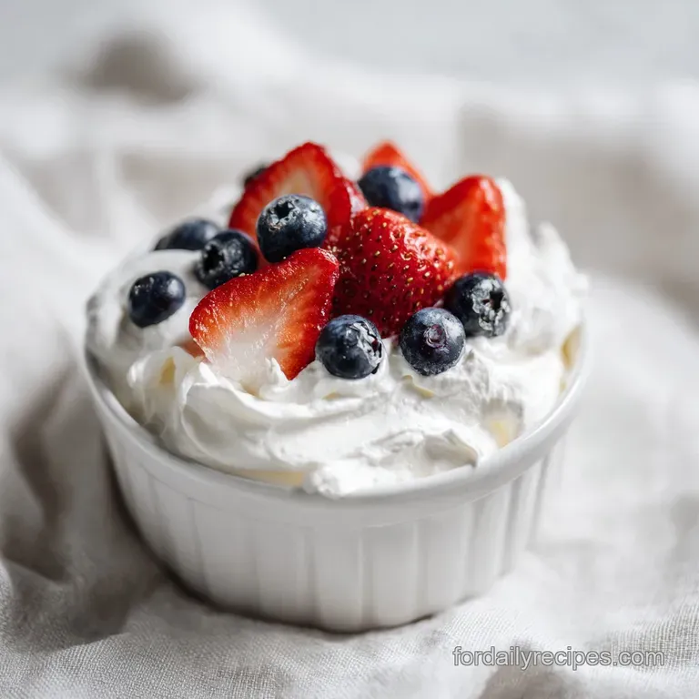 A delicate glass bowl overflowing with creamy white dip, studded with juicy berries and melon.
