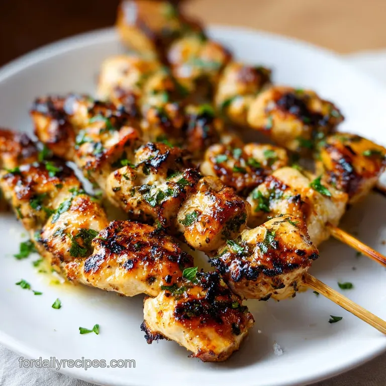 Sizzling charred skewers arranged on a rustic ceramic platter next to a creamy white dip and lemon wedges.