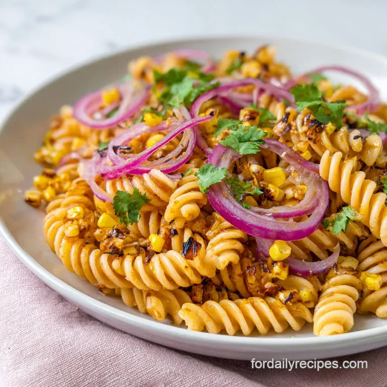 A white ceramic bowl filled with creamy pasta, golden grilled corn, and a dusting of red chili powder and lime.