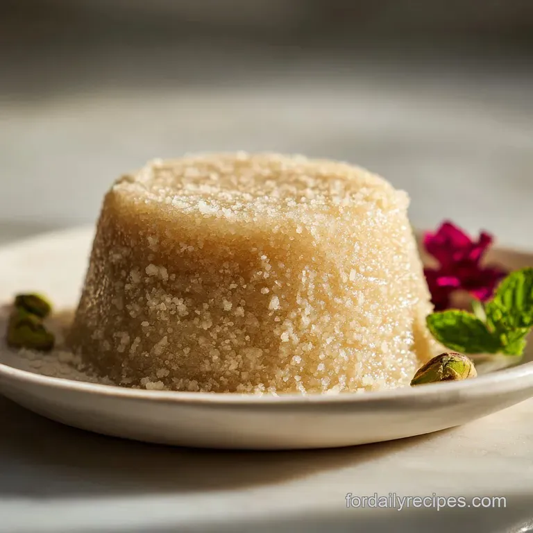 Delicate slice of crumbly halva dessert presented on a small plate, garnished with chopped pistachios and a sprig of mint.