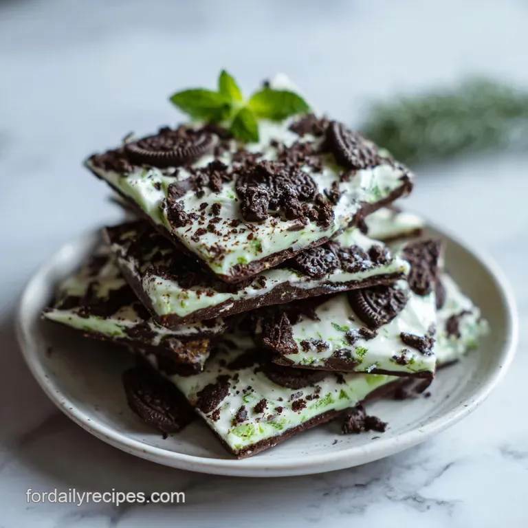 Shards of mint Oreo bark artfully arranged on a rustic wooden board, sprinkled with a dusting of powdered sugar.