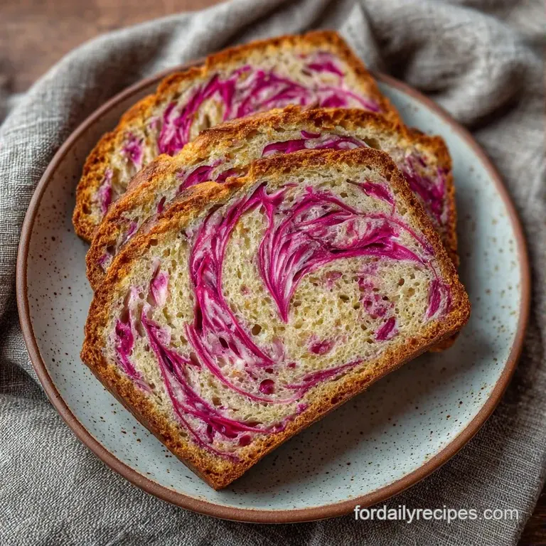Thick slices of golden cake topped with melting butter and fresh rhubarb stems on a white ceramic plate.
