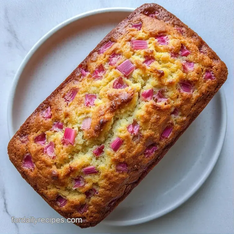 A slice of golden sponge with ruby-red fruit streaks on a ceramic plate, paired with a sprig of fresh mint.