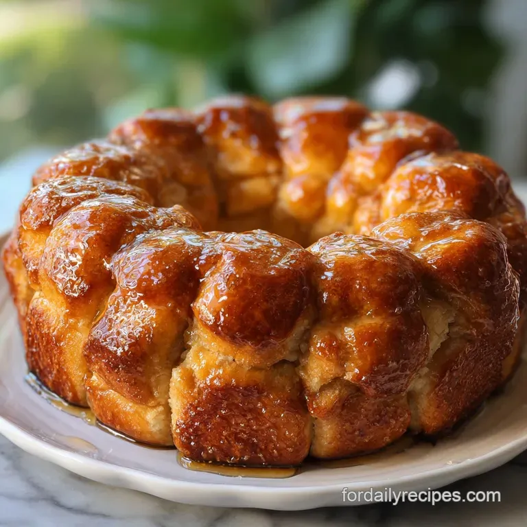 Warm, rustic monkey bread presented in a cast iron skillet. Steam rising, inviting you to pull apart the sweet, caramelize...