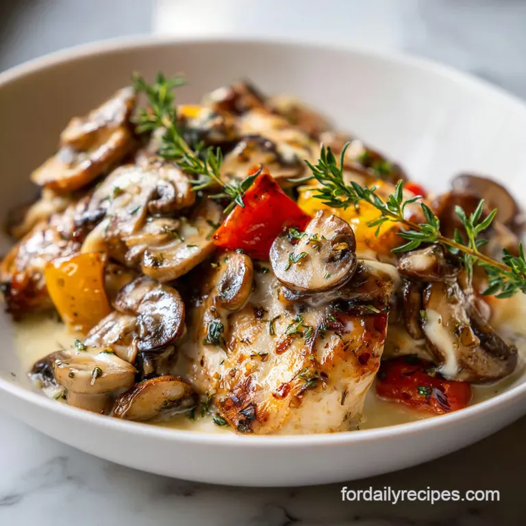 Glistening mushroom chicken plated with vibrant green herbs and a drizzle of cream, inviting and elegant on a white plate.
