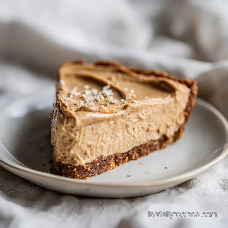 A generous slice of peanut butter pie, showcasing its velvety texture and deep golden hue, artfully plated.