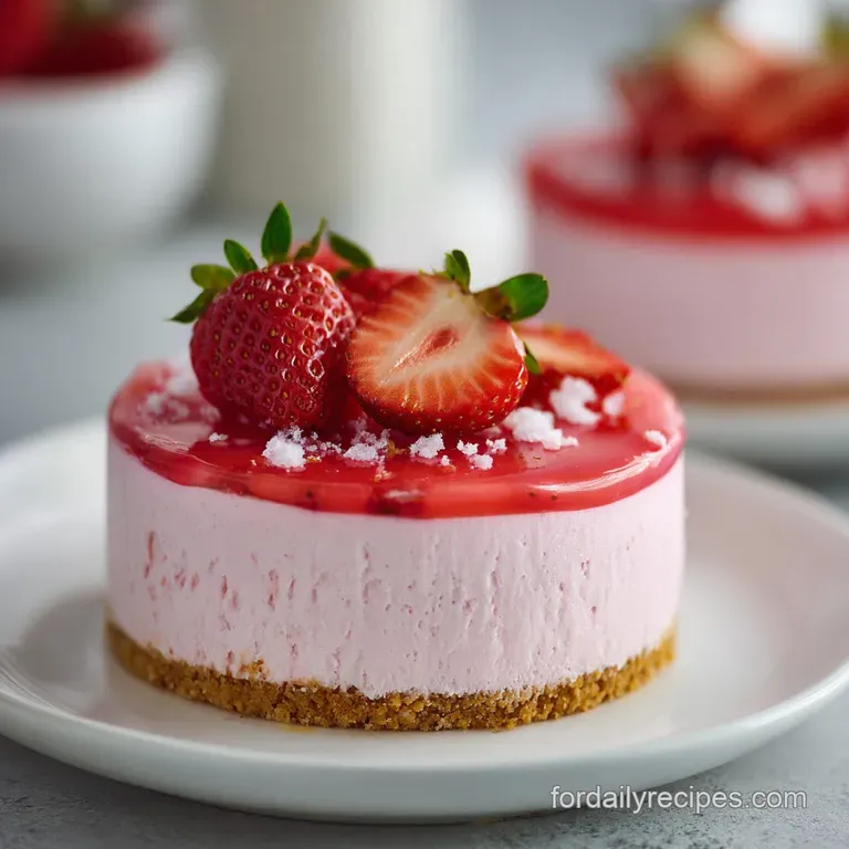 An elegant dessert, showcasing layers of soft pink cream and vibrant red strawberries, artfully arranged on a white plate.