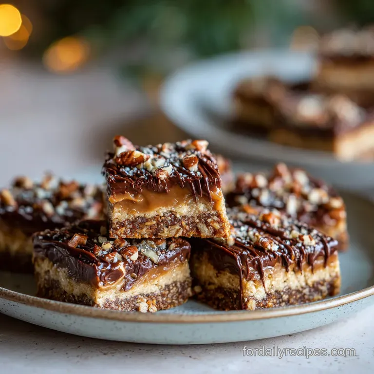 A fork gently presses into a square bar, revealing soft cheesecake and glistening caramel against a rustic plate.