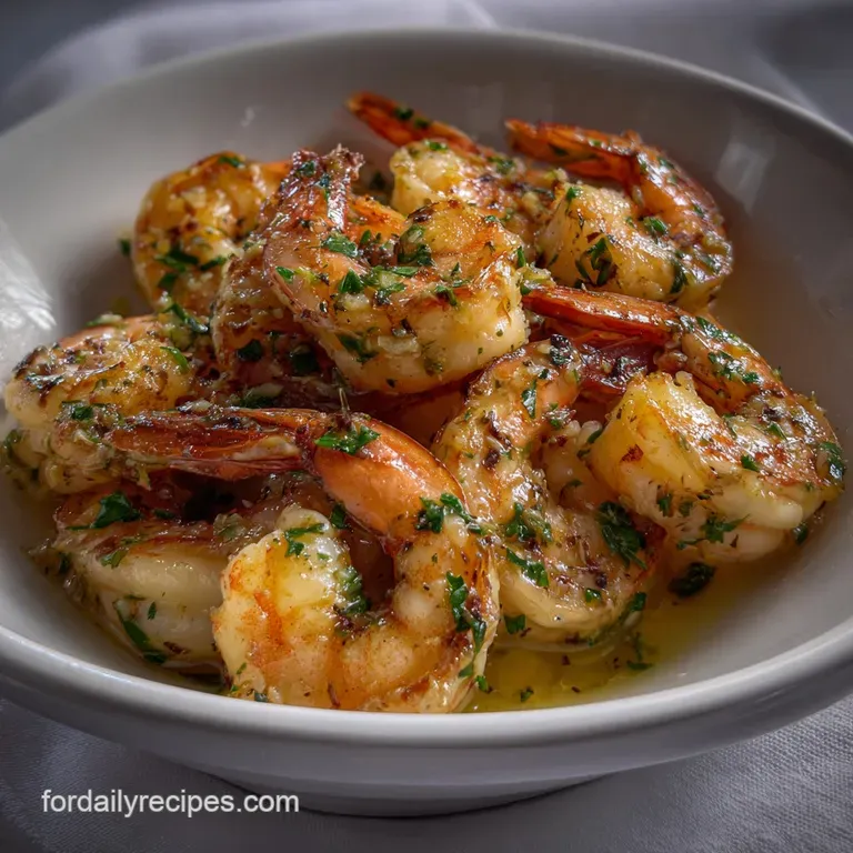 Elegant white plate showcasing a portion of glossy shrimp, fluffy rice, and a delicate herb garnish. Ready to be served fo...