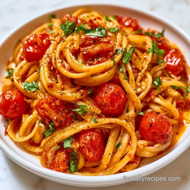 A swirl of pasta in a white ceramic bowl, topped with a sprig of fresh basil and a dusting of snowy parmesan cheese.