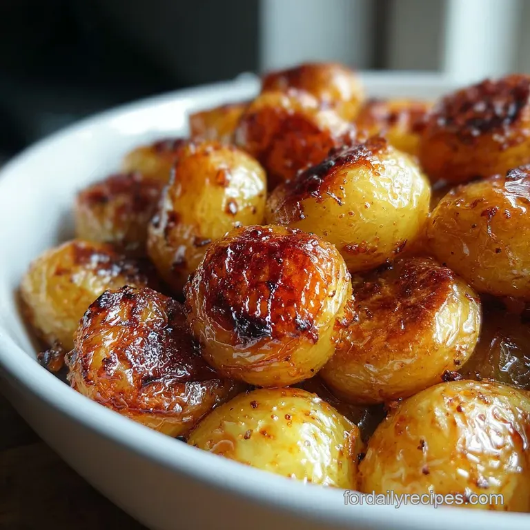 Shiny roasted baby potatoes piled high on a white plate, steam rising, sprinkled with fresh herbs.