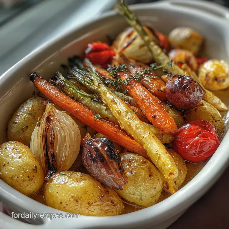 Elegantly arranged roasted vegetables on a white plate. Steam rises, hinting at warmth. Glistening oil coats the carameliz...