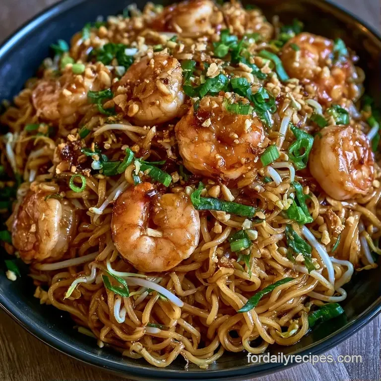 Artfully plated stir-fried noodles and pink shrimp with a sprinkle of crushed peanuts and a fresh lime wedge.