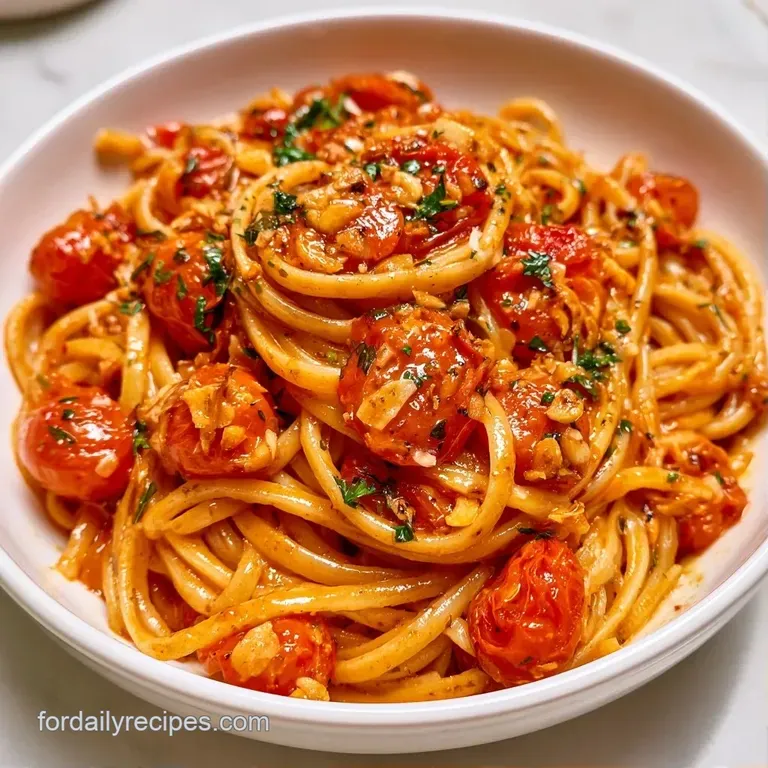 Elegantly twirled pasta noodles topped with vibrant red burst tomatoes and bright green basil on a modern white plate.
