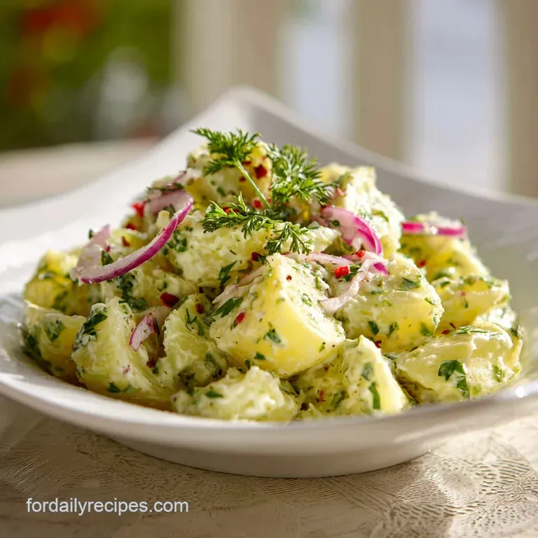Scoop of bright potato salad with red pepper flakes is artfully placed on a white plate, garnished with fresh herbs.