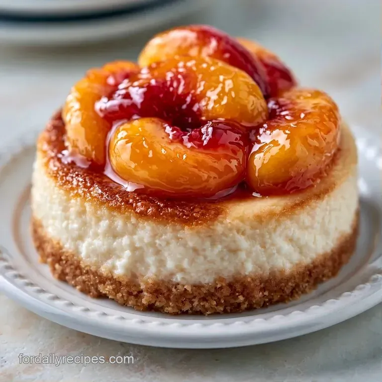 A single square slice on a white porcelain plate, drizzled with amber peach syrup and topped with fresh mint.