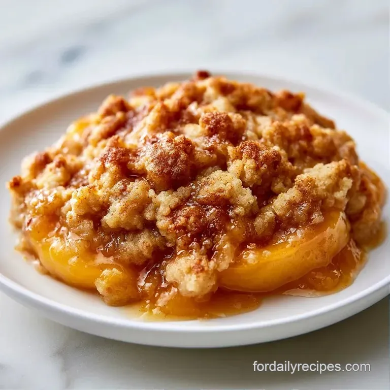 Warm golden crumble atop juicy orange peaches, served with a melting dollop of cream on a minimalist white plate.