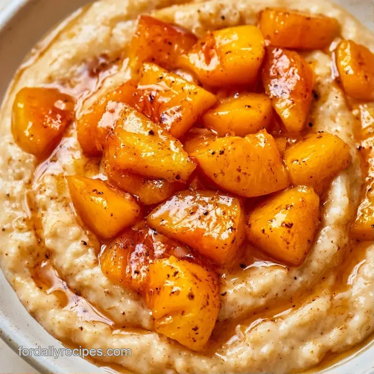 Smooth, velvety porridge in a white ceramic bowl topped with sliced fresh peaches and a mint leaf on linen.