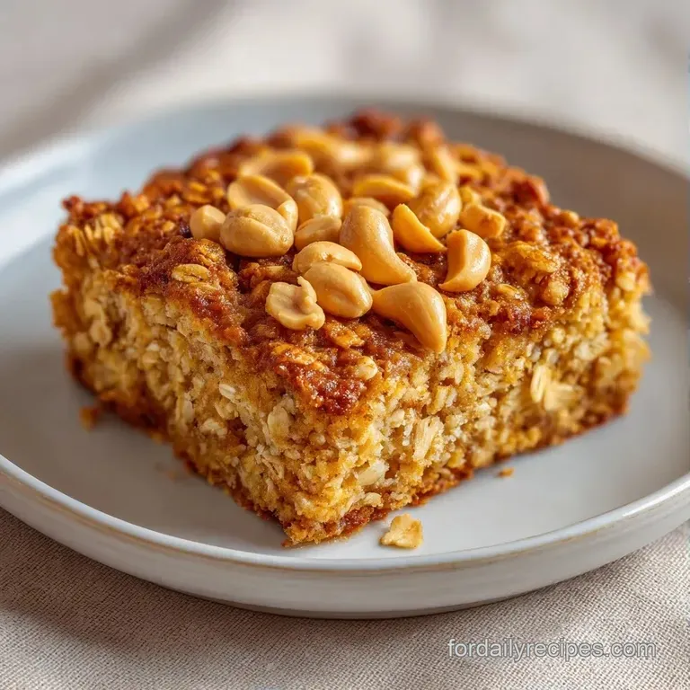 A neat square of toasted golden oats on a white plate, drizzled with creamy nut butter and fresh banana slices.