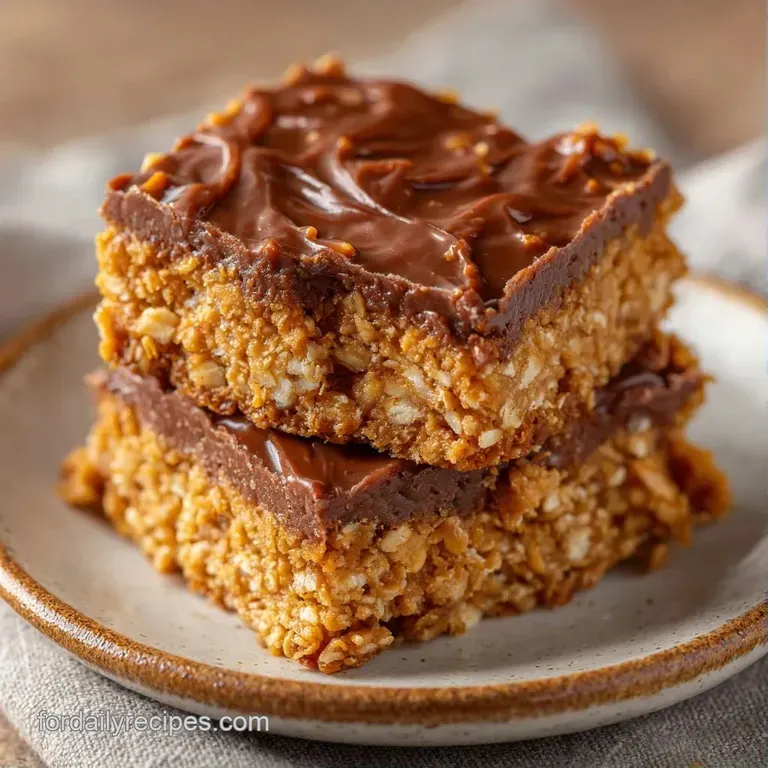 Neatly sliced square bars on a white ceramic platter, drizzled with melted chocolate and topped with sea salt.