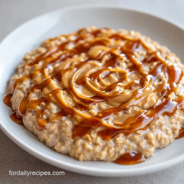 A rustic ceramic bowl filled with creamy oats, topped with neat banana slices and a drizzle of golden peanut butter.