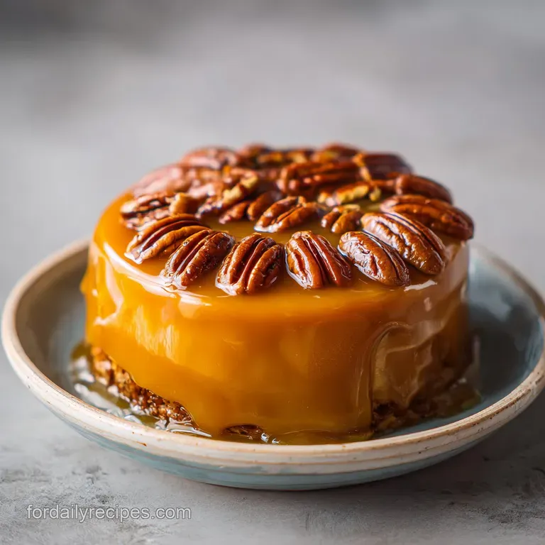 A neat square of golden-brown cake with glossy toasted pecans, plated on white porcelain with a cream swirl.