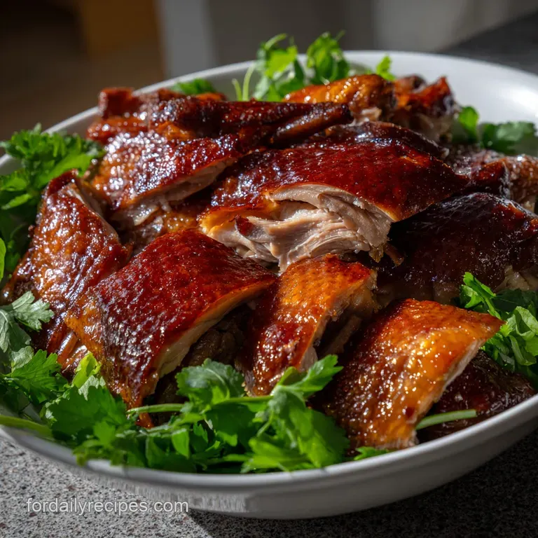 Tender, carved duck with paper-thin, crackling skin elegantly fanned out beside small bowls of dipping sauce and fluffy st...