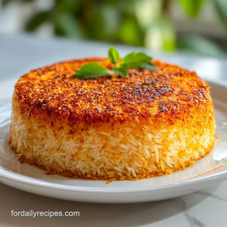 Crispy rice cake slice presented on a white plate, glistening with oil and sprinkled with vibrant green herbs.