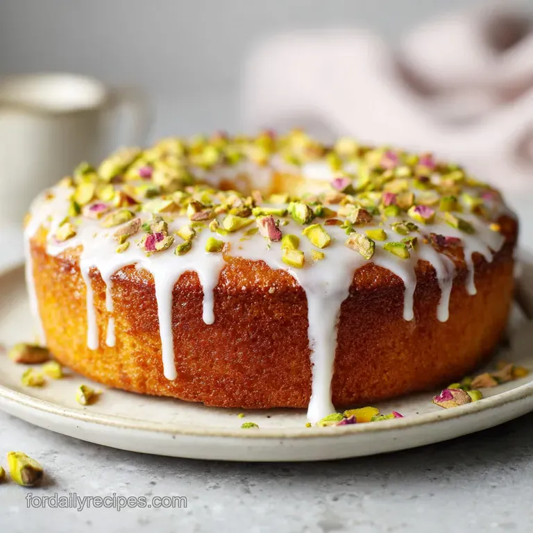 Slice of moist, yellow cake presented on a white plate, garnished with vibrant pink rose petals and crushed green pistachios.