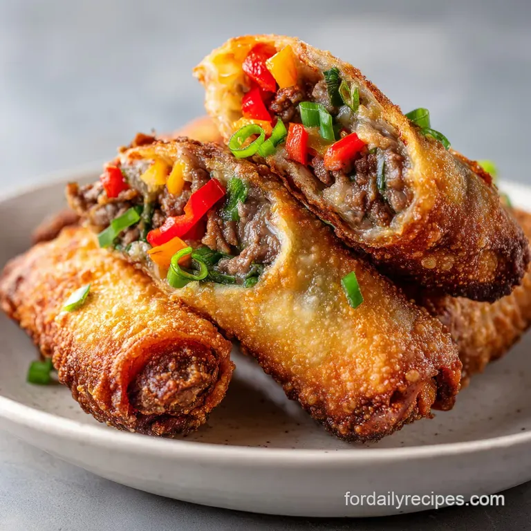 A single, perfectly browned egg roll, sliced to showcase the savory, melty cheese and steak filling. Garnish is a creamy d...