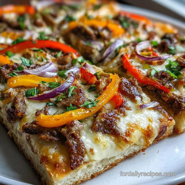 Slice of Philly cheesesteak pizza with gooey cheese, steak, and veggies, steam rising from the freshly baked slice.