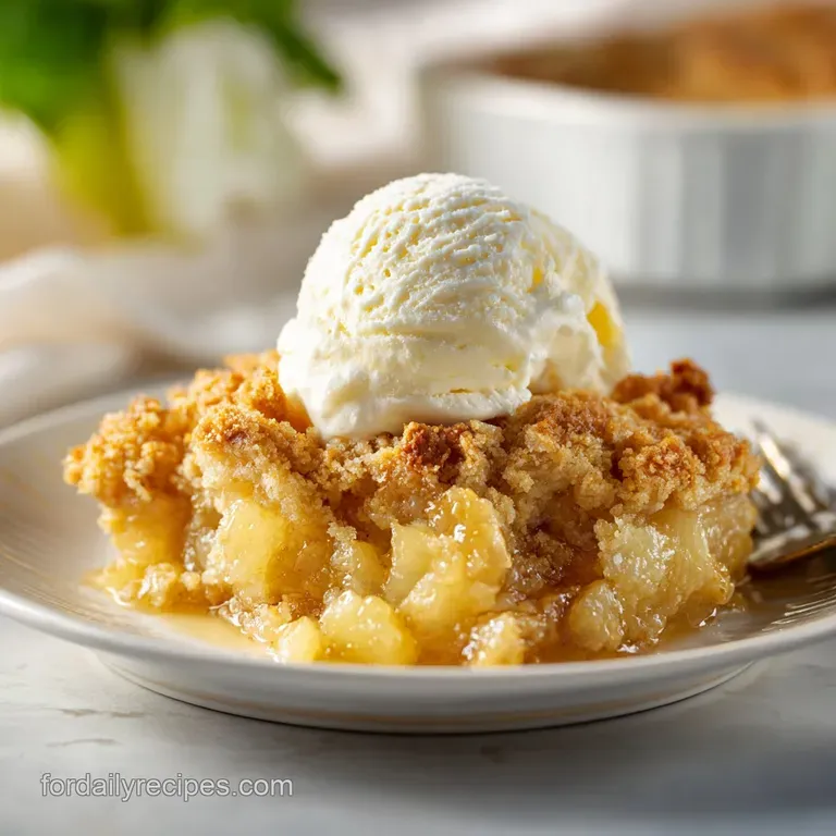 A scoop of warm pineapple cobbler with a crisp topping, served in a rustic bowl.