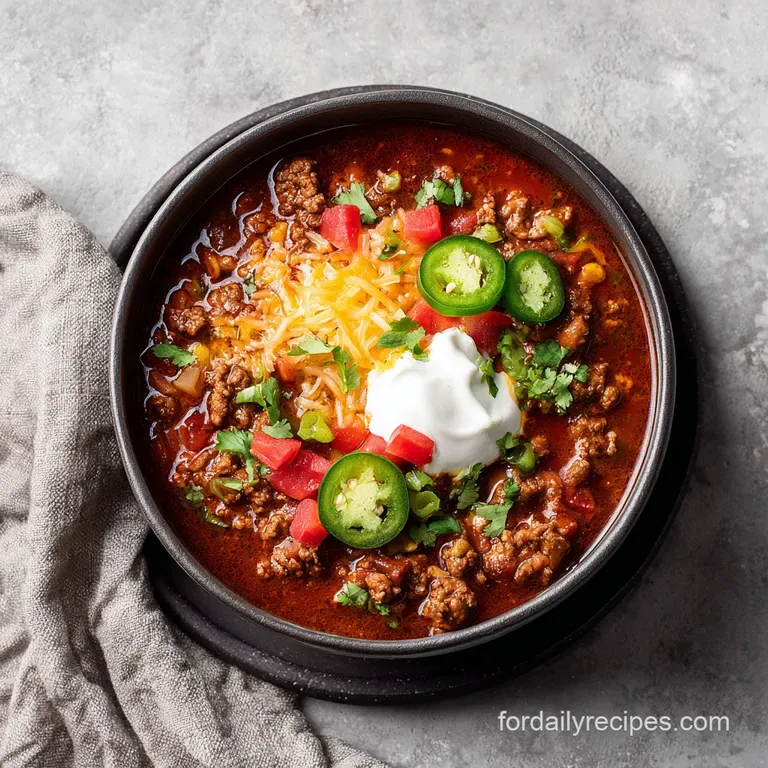 Steaming bowl of rich, red chili with a dollop of sour cream, shredded cheese, and sprig of cilantro. Warm comfort food.