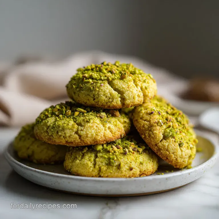 A stack of delicate chickpea cookies next to loose pistachios, beautifully arranged on a patterned ceramic plate with soft...