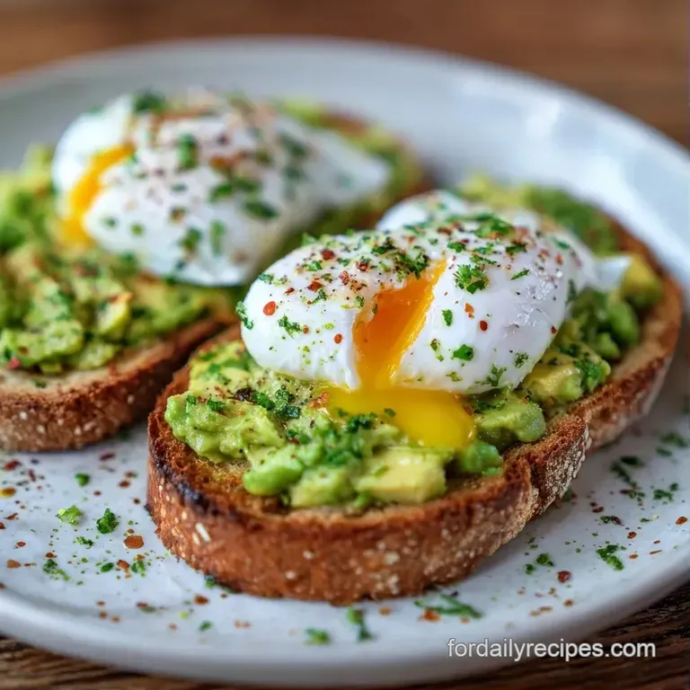 Two slices of toasted artisan bread topped with smashed avocado, soft poached eggs, and fresh microgreens on a plate.