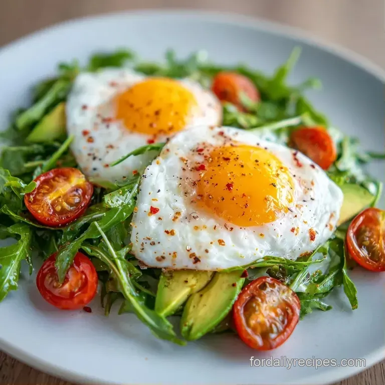 Artfully plated fresh greens and sliced avocado topped with a soft poached egg and a drizzle of golden olive oil.