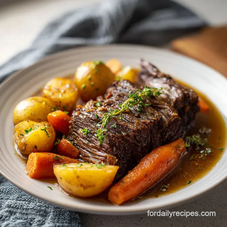 A fork tender portion of pot roast served in a bowl with glistening gravy, bright carrots, and creamy potatoes. Garnished ...