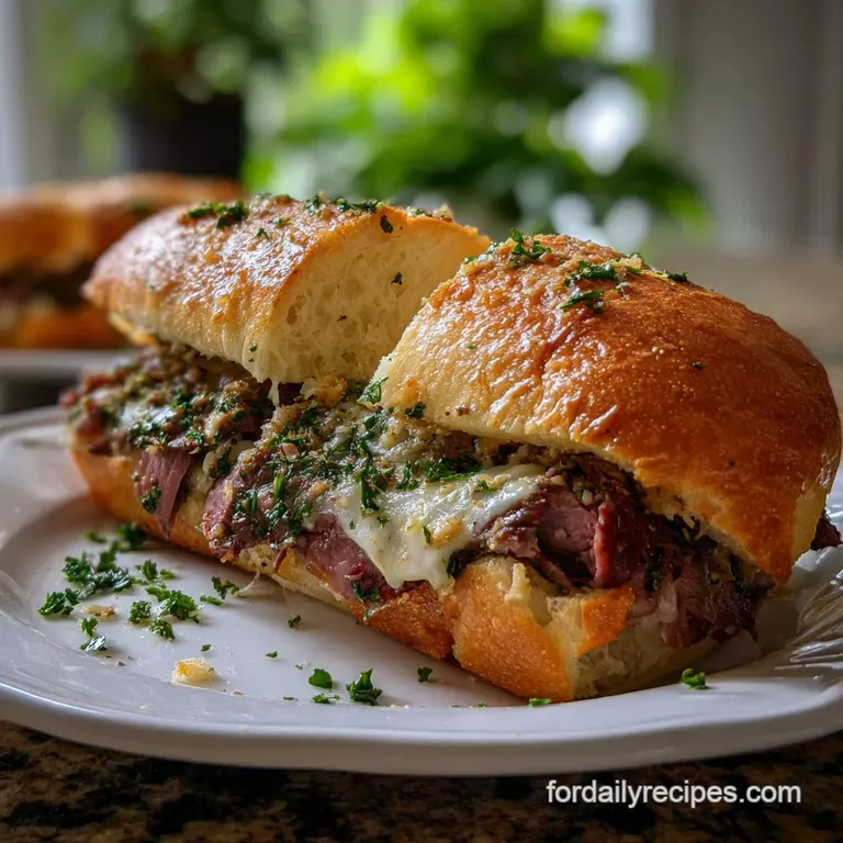 Perfectly seared prime rib with a rich, caramelized crust, artfully plated with rosemary sprigs and a drizzle of pan juice...