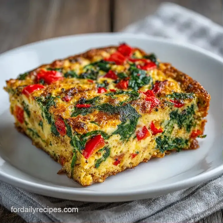 A square slice of savory egg bake topped with melted cheese and chives on a white ceramic plate beside fresh fruit.