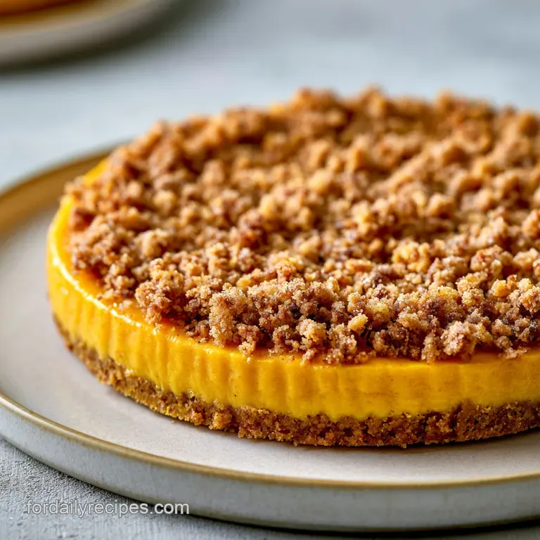 A slice of orange pumpkin cake on a white plate, topped with golden crumbs and a dollop of whipped cream.