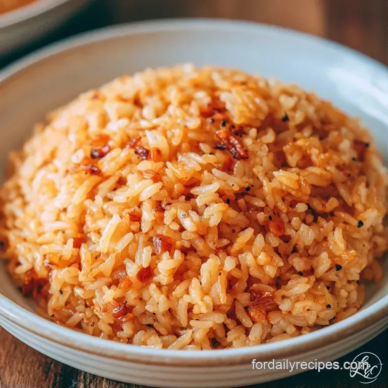 A neat mound of glistening yellow rice topped with crispy garlic chips and fresh greens on a white ceramic plate.