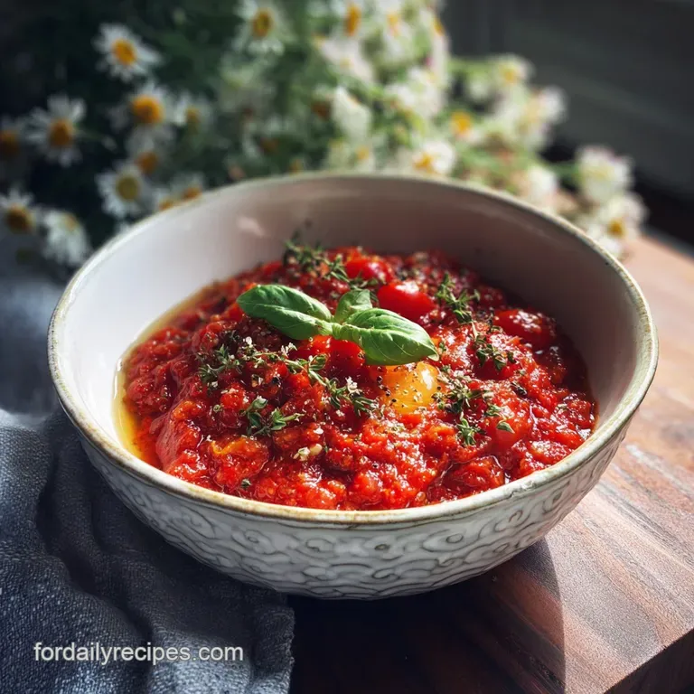 Elegant plate of pasta coated in rich red pomodoro sauce, garnished with a sprig of fresh basil. Steam rises, a simple, be...