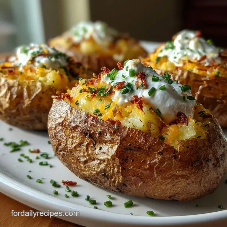 Buttery baked potato, steaming and fluffy inside, bursts from its crispy skin, topped with sour cream and fresh chives on ...