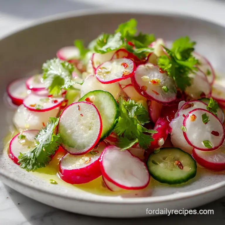 Neatly arranged radish and cucumber slices create a refreshing salad. Delicate green herbs and a drizzle of dressing enhan...