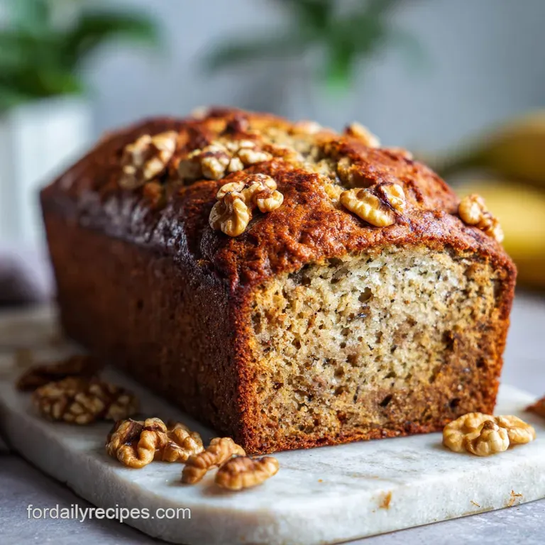 Slice of moist banana bread with walnuts on a white plate; soft, crumbly texture with steam rising.