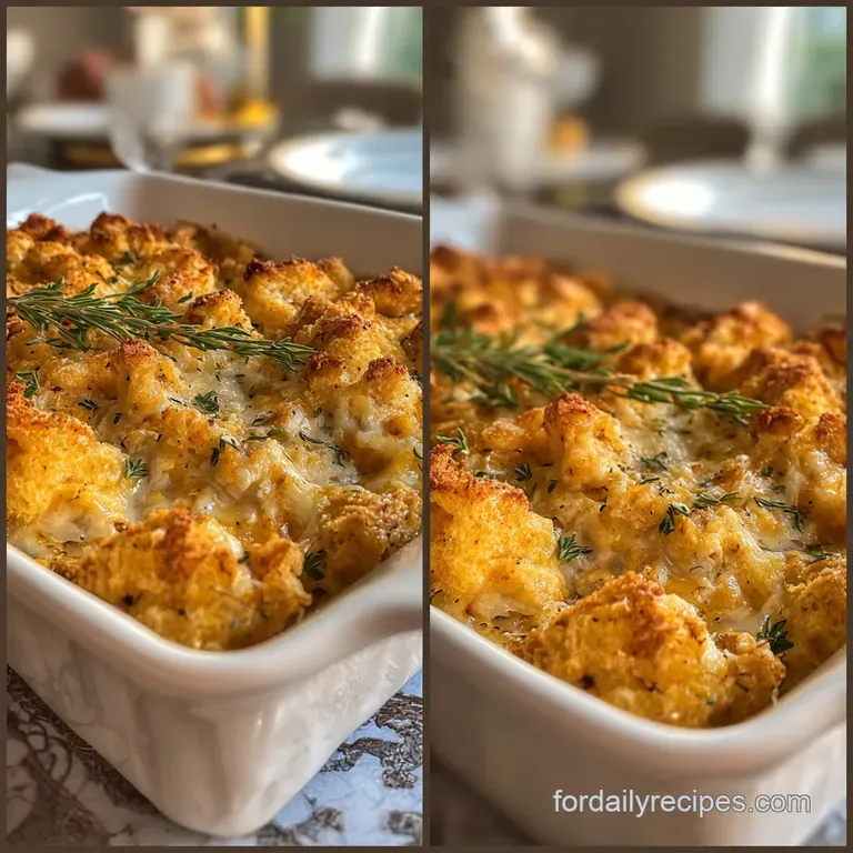 Creamy, golden chicken casserole served in a white bowl. Garnish of fresh parsley adds a vibrant pop of green.