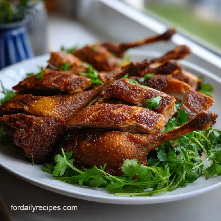 Crisp-skinned duck quarter presented beautifully with caramelized oranges and herbs, highlighting the textures and colors.