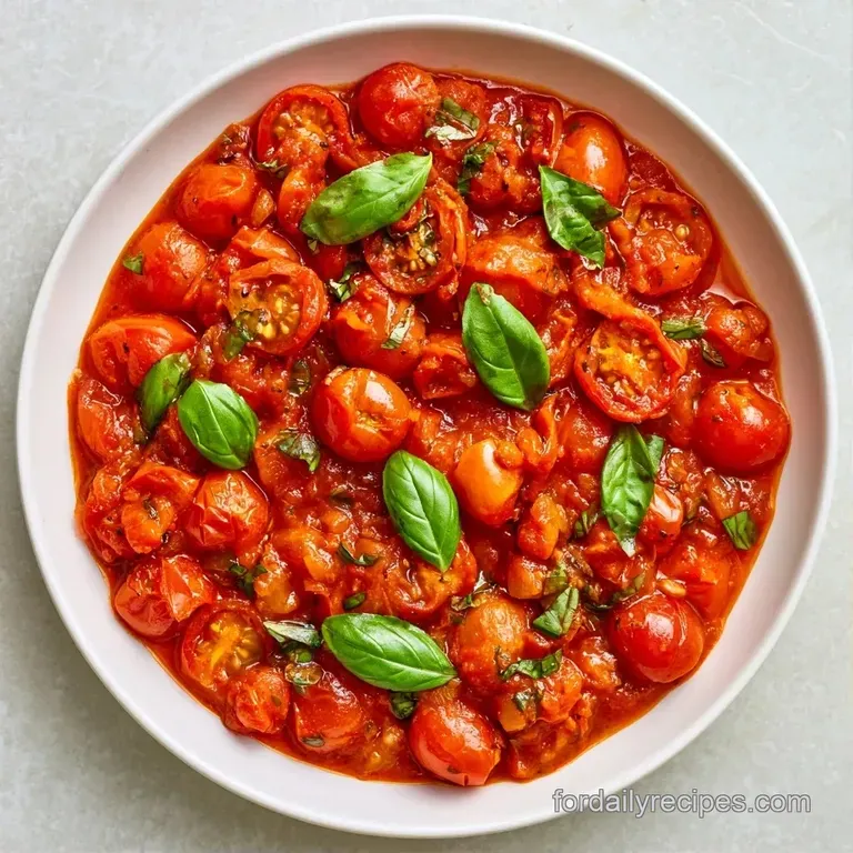 Glossy, deep red sauce with blistered cherry tomatoes served in a white bowl with a garnish of fresh, green basil.