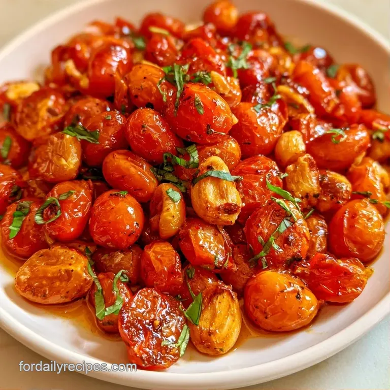Vibrant red blistered tomatoes and golden garlic cloves elegantly arranged on a white ceramic plate with fresh herbs.